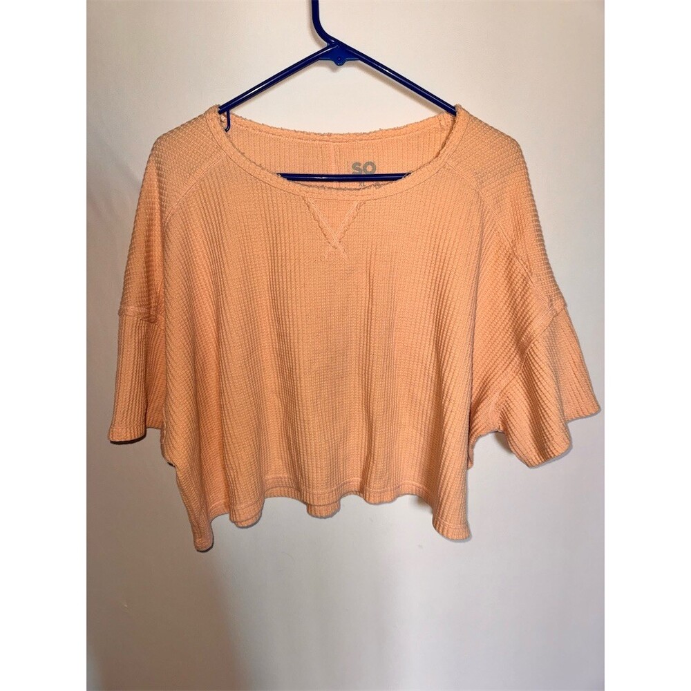 SO T-Shirt Womens XL Peach Waffle Knit Cropped Crew Neck Short Sleeve